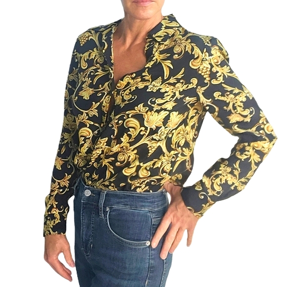 ALICE+OLIVIA Eloise Florence Scroll Silk Button Front Blouse - Picture 11 of 11